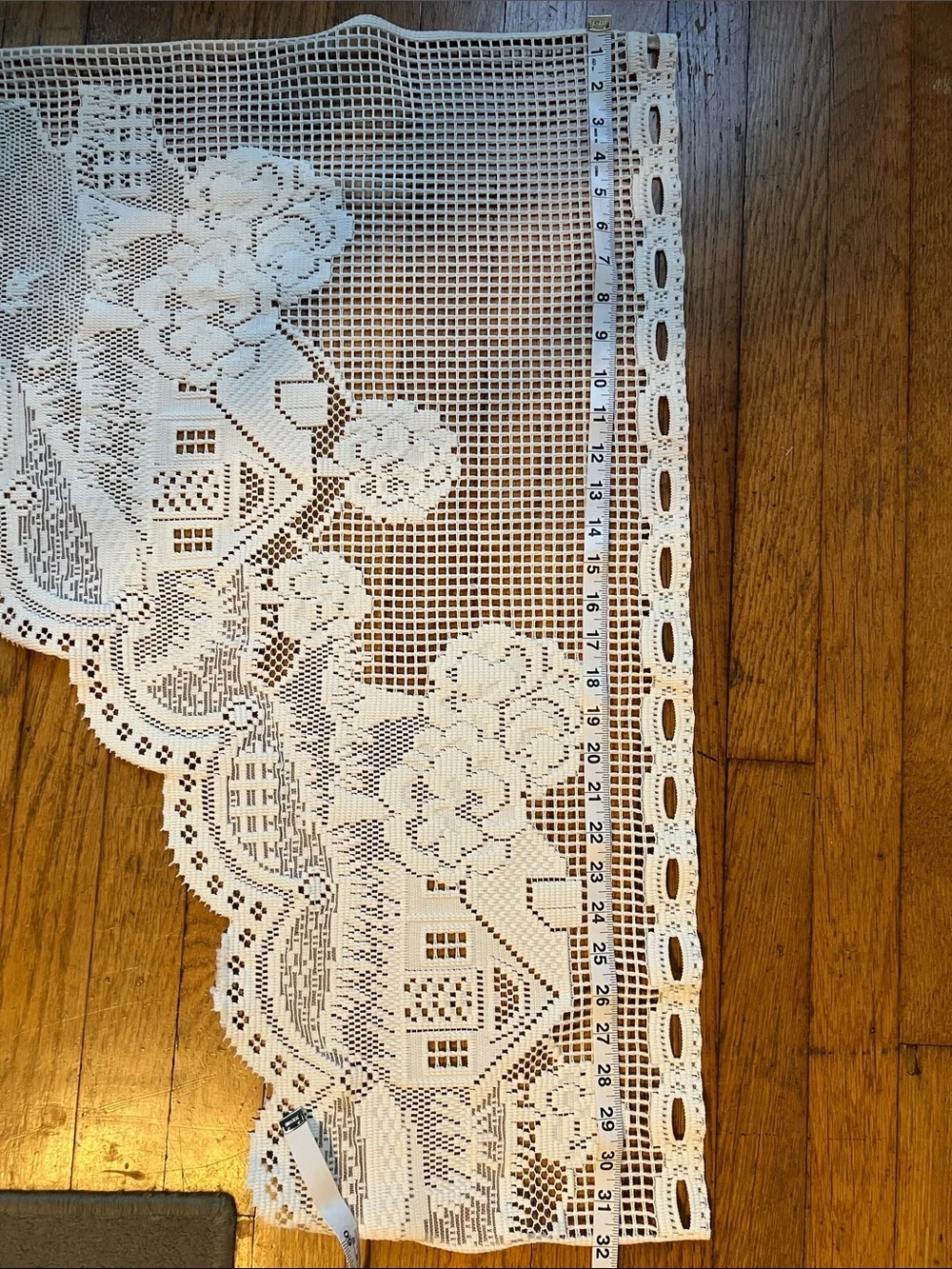 Ivory set of four jabots and one straight curtain set in houses and trees patten